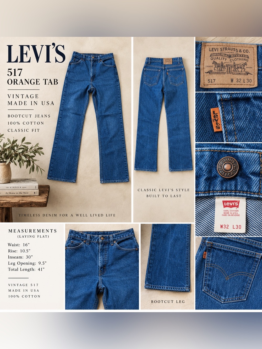Vintage Levi’s 517 Orange Tab Made in USA Bootcut Jeans 32x30 100% Cotton
